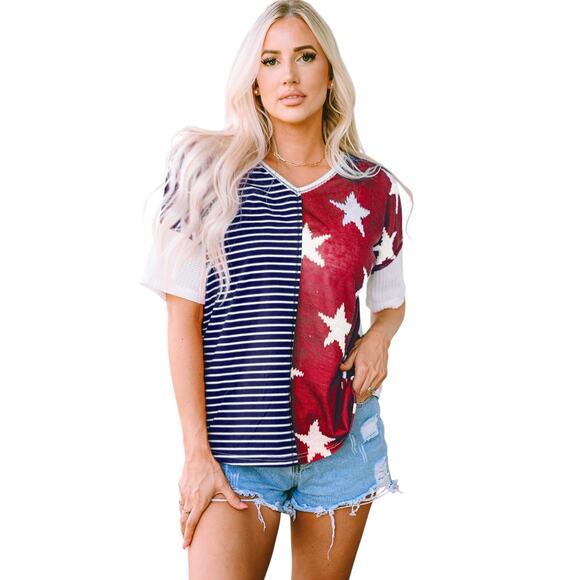 Blue Stripes Stars Print Knit Short Sleeve Patriotic Top New S, L - Picture 3 of 10